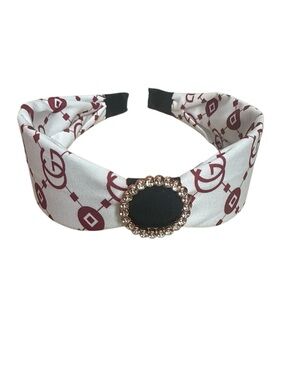 Fashion White and Maroon Patterned Headband with Rhinestone Accent NWOT